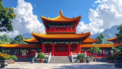 Naklejka premium A vibrant, meticulously detailed illustration of a magnificent Chinese temple complex under a brilliant sky.