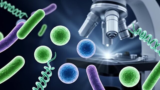 A microscope sits beside vibrant depictions of varied bacteria in a lablike scene