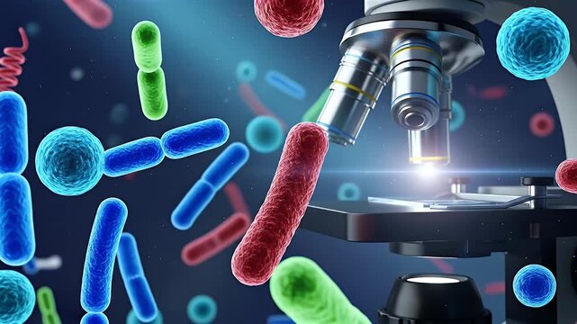 A microscope with colorful bacteria around it against a blue background