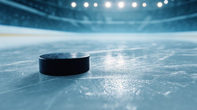 Hockey puck on ice rink under bright lights. Perfect for sports blogs, hockey related articles, and sports themed designs for various media.