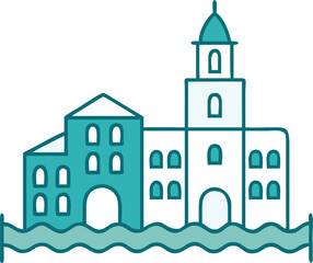 A building featuring a clock tower, prominently located in the middle of a serene water landscape.