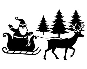 Santa Claus riding sleigh with reindeer in snowy forest,  winter holiday vector illustration