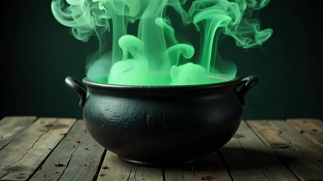 Mysterious green smoke billows from a bubbling cauldron on a rustic wooden table.