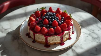 White plates hold delicious gourmet pastries and red berry tarts, all topped with fresh strawberries, raspberries, and sweet cream