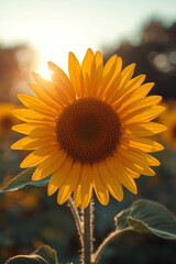 A vibrant yellow sunflower stands alone in a sunlit field, its bright petals reaching towards the summer sky