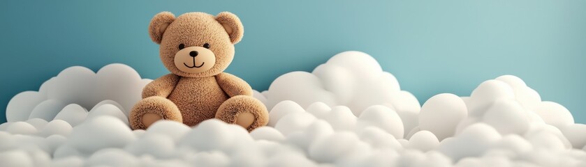 Obraz premium Cute teddy bear sitting in fluffy clouds, evoking warmth and joy in a tranquil setting.