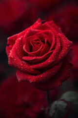 A beautiful single red rose with water drops on its petals evokes a feeling of romance and nature
