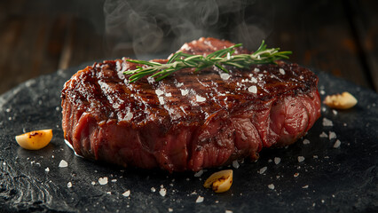Grilled beef steak on a plate with vegetables
