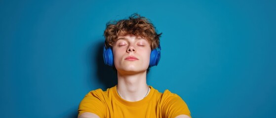 The Young Man Relaxing with Headphones Against a Bright Blue Background