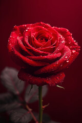 A vibrant red rose blossom with delicate water drops on its petals, a beautiful symbol of nature's romantic gift.