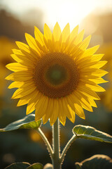 Beautiful bright yellow sunflower blossoms stand tall in a vibrant summer field under a clear blue sky.