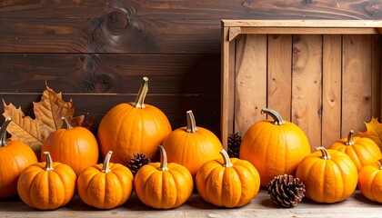 Pumpkins and autumn leaves in wooden crate