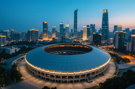 Aerial view of a large circular stadium with grid-like roof against dusk city skyline, featuring tall buildings (including China Zun)