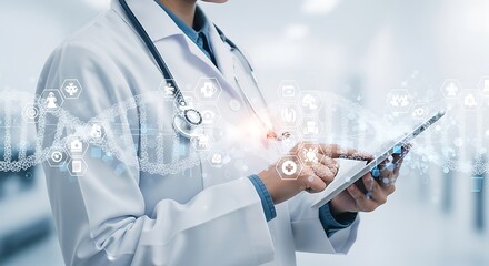 Asian doctor utilizes digital tablet amidst the DNA helix and health icons display