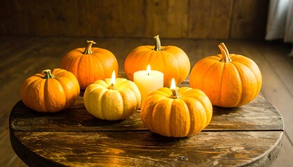 Pumpkins and candles on a wooden table. Autumnal scene