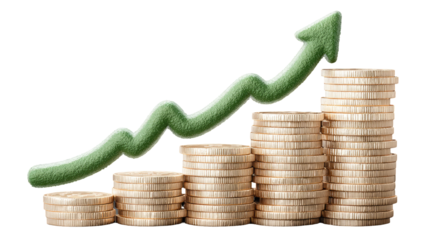 Stacked coins with a rising green arrow graphic