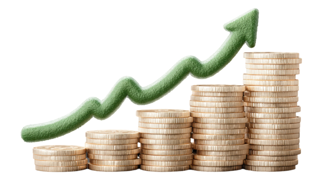 Stacked coins with a rising green arrow graphic
