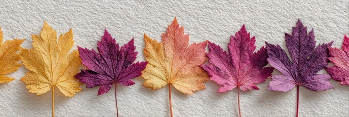 Row of colorful dried autumn maple leaves on textured paper background