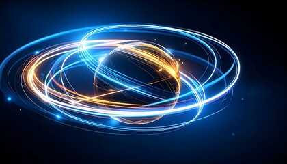 A glowing orb center framed, surrounded by swirling, luminescent blue and gold light trails against a dark background, creating a dynamic, futuristic effect