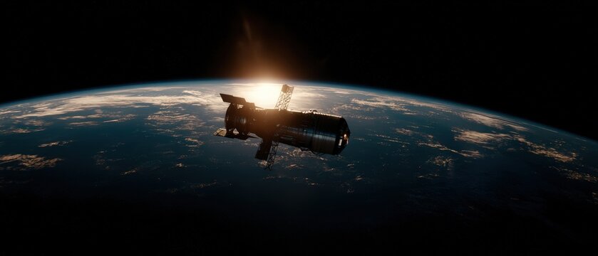 Stunning view of a spacecraft orbiting Earth du sunrise with detailed curvature and vibrant atmospheric glow in space scene