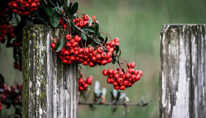 Red berries cluster on weathered fence