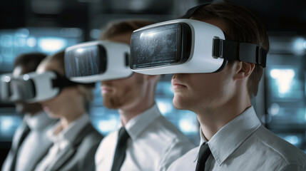 Business team wearing VR headsets analyzing cyber defense simulations.