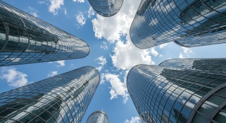 Modern skyscrapers reaching for a partly cloudy sky