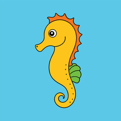 Obraz premium A whimsical cartoon seahorse set against a bright blue backdrop, highlighting its distinctive curves and details.