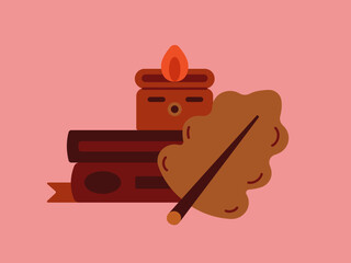 Cute autumn illustration with candle, books and leaf. Autumn illustration with characters. Cozy autumn illustration. Autumn children's illustration.