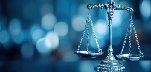 The Scales of Justice Against a Bokeh Blue Background Evoking Law and Authority