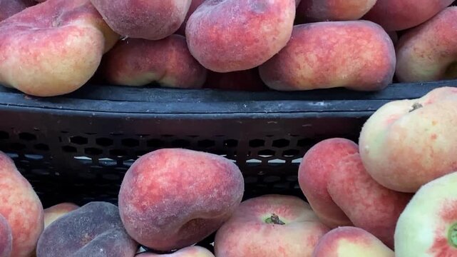 Flat peaches stacked together showcasing their unique shape and vibrant colors in a close-up view