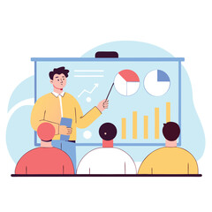 Confident presenter shares growth strategy with audience, explaining charts and data on screen