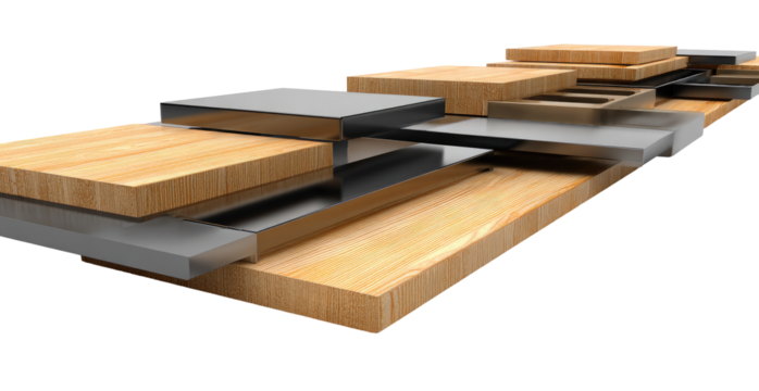 Abstract architectural design, layered wooden and metal forms