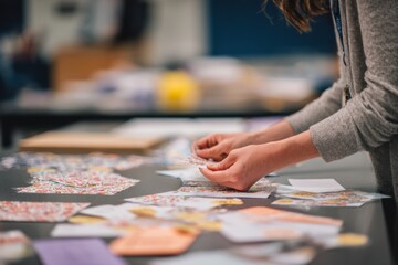 Creative Hands Engaging in Art Project with Colorful Paper Crafts and Collage Materials on Table