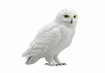 Obraz premium A full-bodied snowy owl with bright yellow eyes stands against a white background, its white feathers subtly shaded, looking slightly to the left.