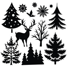 Naklejka premium Christmas tree and deer silhouette collection for winter design