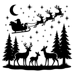 Santa Claus flying sleigh with reindeer over pine forest in magical Christmas black and white tattoo-style vector illustration
