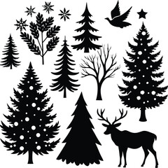 Obraz premium Winter forest scene with Christmas trees and deer silhouette