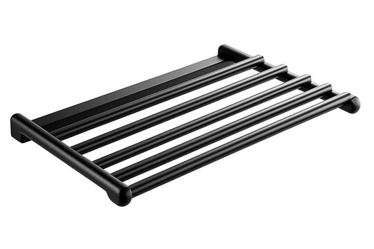 Sleek black metal wall-mounted shelf with four parallel bars; ideal for bathroom or kitchen