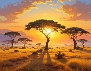 A breathtaking African savanna landscape at sunrise, showcasing tall acacia trees silhouetted against a vibrant golden sky.