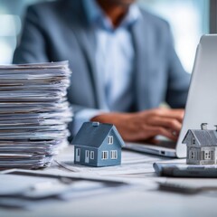 Businessman checking real estate documents on laptop