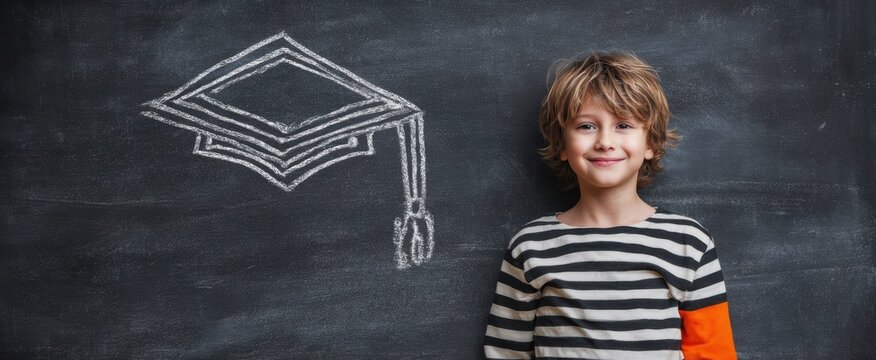 The boy standing by chalkboard with drawn graduation cap dreaming of future success