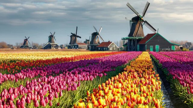 Stunning tulip landscape at Zaanse Schans showcasing vibrant colors and traditional windmills in the Netherlands during spring season