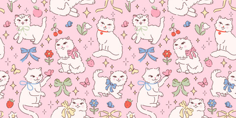 Seamless pattern with cute white fluffy cats, butterflies, bows and flowers. Hand drawn vector illustration in vintage style. Funny retro pet character background. Cottage core kitty on pink.