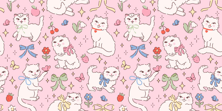 Seamless pattern with cute white fluffy cats, butterflies, bows and flowers. Hand drawn vector illustration in vintage style. Funny retro pet character background. Cottage core kitty on pink.