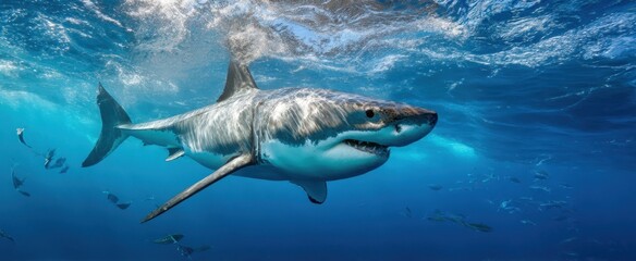 Fototapeta premium The Great White Shark Swimming Near Surface in Clear Blue Ocean with Fish