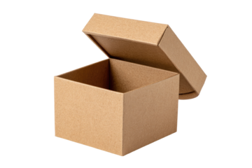 Open, light brown cardboard box, square shape, simple design