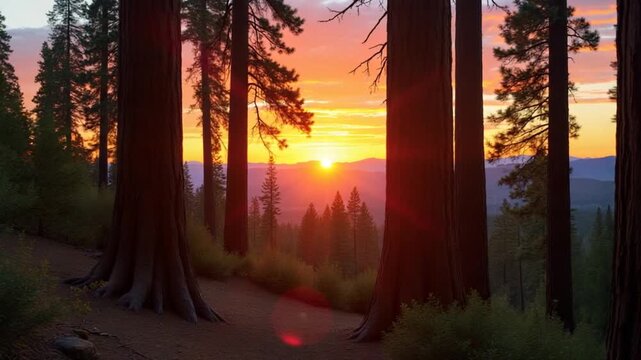 Sunset view in the forest in Sequoia National park
