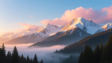 Photo-realistic snow-capped mountain range with golden sunrise light, pink clouds, soft fog, evergreen forests, and clear blue sky