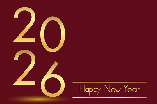 Simple illustration of "2026" in gold on a deep red background with "Happy New Year" text. Ideal for New Year celebrations.